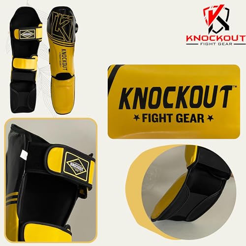 Boxing Gloves & Muay Thai Shin Guards for Men and Women, MMA Kickboxing Shin Pads Set, Adjustable Shin Guards with Instep Protection, Sparring & Martial Arts Training Gear - color: Yellow Set, size: (Gloves-14 oz) (S/M)-Sh"