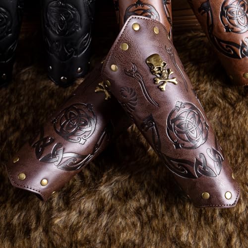 Leather Bracers for Men - Viking Embossed Medieval Arm Archery Guard Gauntlet Costumes - color: Hbr057-skull Coffee