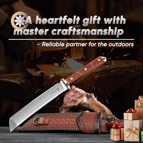 Dream Reach Japanese Tanto Knife, Fixed Blade Knife with Leather Sheath for Back, Survival Knives with Wood Handle, Samurai Knives for Camping Outdoor, Collection Gift for Men - size: 8.5"