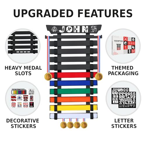10/12 Belts Karate Belt Display Rack, Pure Bamboo Wood, Themed Stickers, Medal Hangers - Taekwondo Belt Display, Jiu Jitsu, BJJ, Martial Arts - color: BLACK, style: 10 BELTS