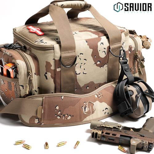 Savior Equipment Specialist Series Tactical Triple Pistol Shooting Range Hunting Duffle Bag Gun Carrying Case, Rigid Compartment Frame, Lockable Zippers - color: Chocolate Chip Camo