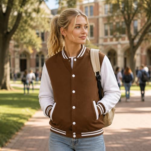 babyhealthy Men's Women's Varsity Baseball Jacket Casual Letterman Bomber Jacket Windbreaker Lightweight Jacket Coat - color: 004 Brown, size: Large