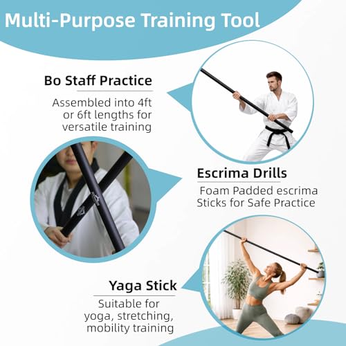 Collapsible Foam Padded Bo Staff 4ft / 6ft – Portable Martial Arts Training Staff for Safe Practice, Lightweight Detachable Design with Carry Bage - color: matte black