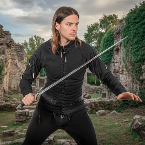 Mythrojan Late Medieval Padded Arming Doublet Gambeson with Brass Aiglets, Ideal for Knightly Medieval Reenactment LARP - color: Black, size: Small