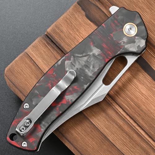 FF25 Folding Knife, DC53 Steel Blade Carbon Fiber Handle with Pocket Clip for Outdoor Camping Fishing Working Survival EDC (Red) - color: Red