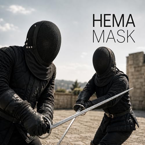 Hema Mask 1600N Black, Hema Helmet with Steel Mesh Face Guard and Padded Neck Bib for Longsword Saber Rapier Controlled Sparring, Fencing Mask