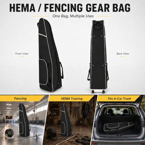 Fencing Bag with Wheels, Rolling Fencing Bag for Foil Epee Saber, Long Sword Carrier for HEMA and Fencing Gear, Side Pocket and Carry Handles - color: Black