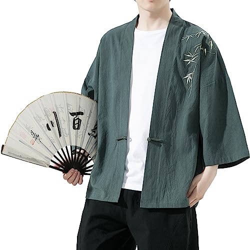 Mens Kimono Cardigan Cotton Linen Japanese Shirt 3/4 Sleeve Haori Yukata - color: 35-green, size: Large