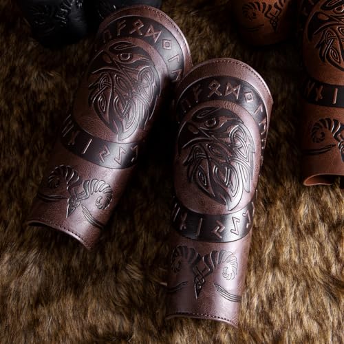 Leather Bracers for Men - Viking Embossed Medieval Arm Archery Guard Gauntlet Costumes - color: Hbr060-eagle Coffee