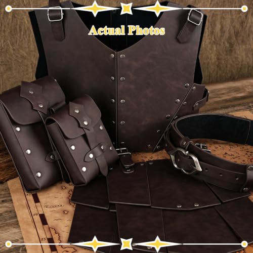 HiiFeuer Medieval Faux Leather Set for Kids,Viking Chest Armor, Thigh Armor,Studded Belt Pouch for LARP (Brown A)