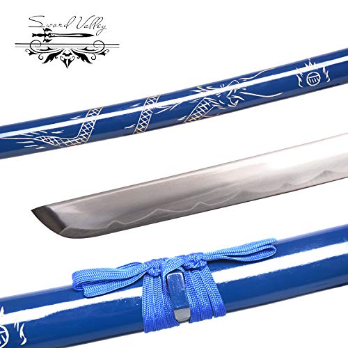 Sword Valley Authentic Hanakiri Samurai Sword 3-Piece Set with 3-Tier Display Stand - Dragon Engraved Scabbards, Stainless Steel Blades, Waxed Cotton Handle (36.8"+27.6"+18.1") - color: Blue