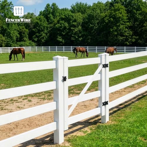 Fencer Wire 204FT Vinyl Ranch Fence Kit, 3-Rail White PVC Fence System with 4ft H x 4ft W Gate, 6ft Posts & 8ft Rails, UV-Resistant, Easy Installation, Durable Outdoor Fencing for Ranch, Yard & Farm - size: 204 FT W/ Gate