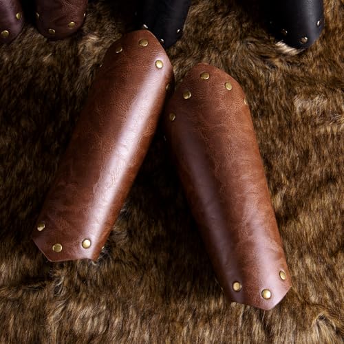 Leather Bracers for Men - Viking Embossed Medieval Arm Archery Guard Gauntlet Costumes - color: Hbr050-pure Brown
