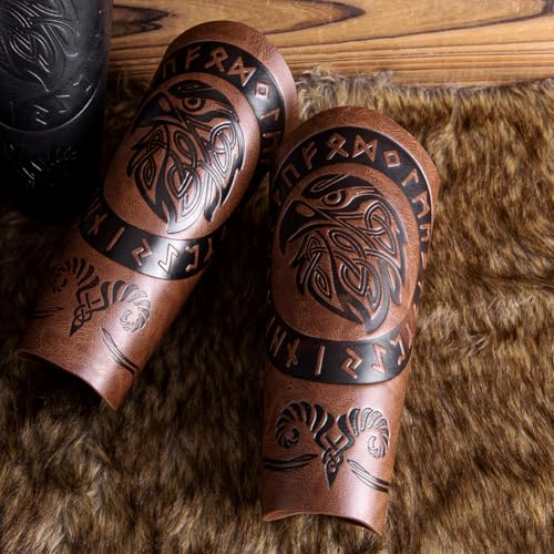 Leather Bracers for Men - Viking Embossed Medieval Arm Archery Guard Gauntlet Costumes - color: Hbr060-eagle Brown