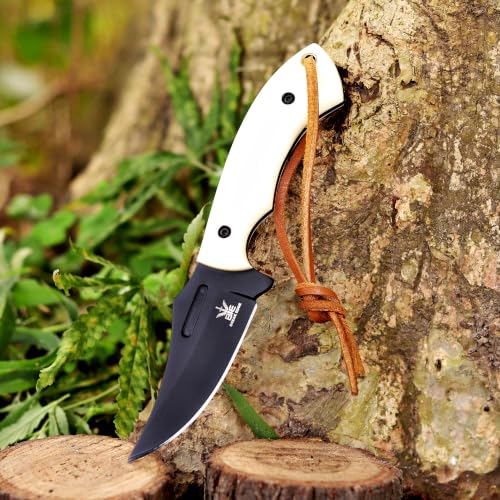 Fixed blade hunting and skinning knife with bone handle.(black coated blade) - color: Bone White
