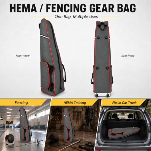 Fencing Bag with Wheels, Rolling Fencing Bag for Foil Epee Saber, Long Sword Carrier for HEMA and Fencing Gear, Side Pocket and Carry Handles - color: Grey