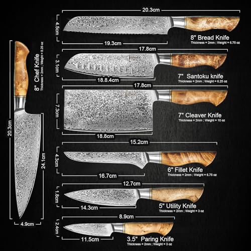SENKEN 7-Piece Damascus Kitchen Knife Set - Dynasty Collection - 67-Layer Japanese VG10 Steel with Sycamore Wood Handles, Chef's Knife, Cleaver, Bread, Santoku, Boning, & More - size: 7-Piece Knife Set