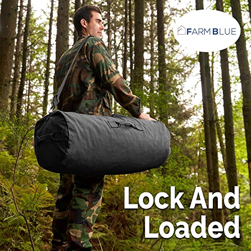 Farm Blue GI Style Zipper Duffel Bag - Large Heavy Duty Army Duffle Bag - Military Grade Cotton Canvas Duffel Bag - Reinforced Camping Bag - Strong Zipper, Center Grab Handle –21” x 36” - Black - color: Black, size: Large