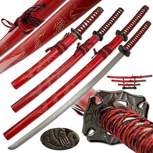 Snake Eye Tactical Two Tone 3 Piece Samurai Katana Set w/Free Sword Stand - color: RED-DRG