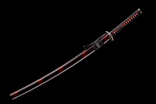 Traditional Heat/Clay Tempered Hand Forged Katana Sword | Real 1060/1095 T10 High Carbon Steel Sharp Full Tang Katanas | Practical Authentic Japanese Samurai Swords - color: Fans Red