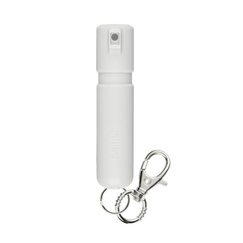 SABRE Mighty Discreet Pepper Spray with Snap-Clip Keychain - Pocket Size for Running, Walking, Keys & Travel, Fits in Small Bags & Purses, Max Strength Self Defense, UV Dye, 12 ft Range, 0.18 fl oz - color: White