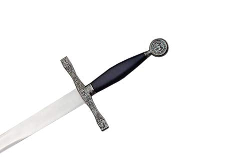 SZCO 40" King Arthur Sword – Decorative Medieval Fantasy Knight Sword for Adults with Etched Guard & Pommel, Black Handle & Leather Sheath for Cosplay, Display & LARP