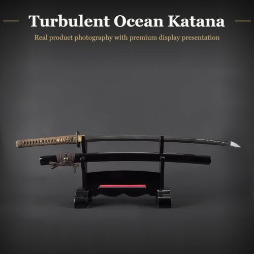 Katana Samurai Sword, 1045 Carbon Steel, Hand Forged, Full Tang - color: Tubulent Ocean Pattern Tsuba