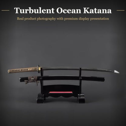 Katana Samurai Sword, 1045 Carbon Steel, Hand Forged, Full Tang - color: Tubulent Ocean Pattern Tsuba