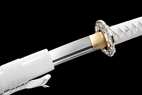 Traditional Heat/Clay Tempered Hand Forged Katana Sword | Real 1060/1095 T10 High Carbon Steel Sharp Full Tang Katanas | Practical Authentic Japanese Samurai Swords - color: White Plum
