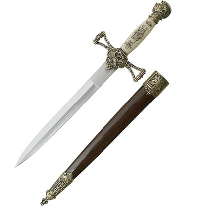 MASTER USA – Medieval Mini Short Sword, Stainless Steel Blade with Cast Metal Handle, Wood Scabbard – Fantasy, Collectible - color: Brown