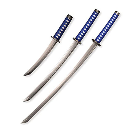 FullTang Iaido Samurai Sword 3-Piece Set, Japanese Samurai Swords with Display Stand, Engraved Scabbard, 1045 Medium Carbon Steel, Available in Blue, Black, Bamboo Leaf - color: Blue