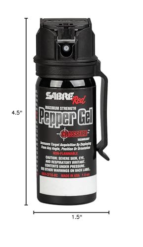 SABRE Crossfire Pepper Gel - 360° Spray for Defense at Any Angle, Maximum Strength Police-Grade OC Pepper Spray with UV Marking Dye, 20‑Foot Tactical Range, Fast Flip Top Safety, Belt Clip, 1.5 fl oz - color: Black Pepper Gel 1 Pack