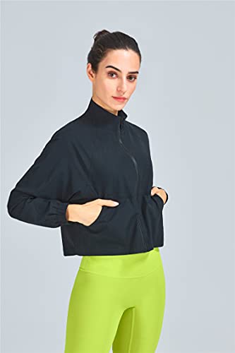 altiland Women's UPF 50+ Athletic Running Track Zip Up Cropped Jackets - color: Black, size: Medium