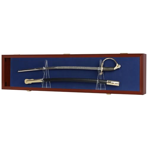 Sword Display Case Cabinet Stand Holder Wall Rack Holds Military Saber or Samurai Sword Lockable UV Protection Door Blue Felt Inside (Mahogany Finish Frame) - color: Mahogany Finish Frame, With Blue Felt Inside