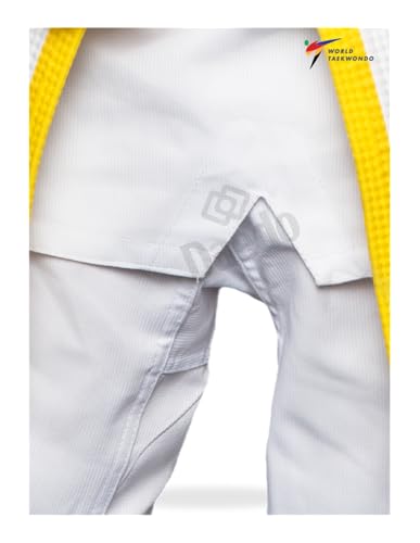 Daedo Taekwondo Beginner Uniform - WT Recognized, International Standards, White V-Neck, Includes Pants & Belt - size: 1 (4'7" - 140 cm)