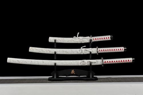 Japanese Samurai Sword, Iaido Katana Carbon Steel Blade Real Sword for Display Decoration and Gift - color: 3PC-White Set Katana