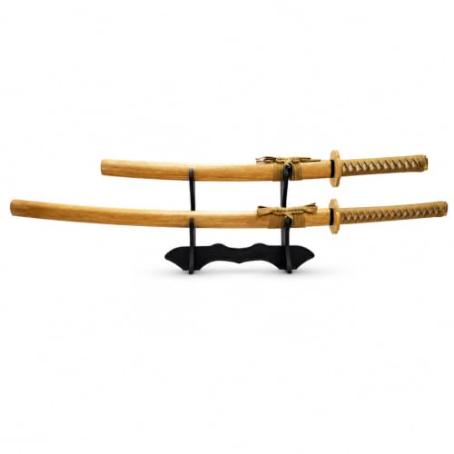 Bamboo Wood Practice Sword Set, Long & Short Training Katana with Sheaths