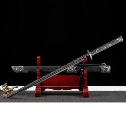 Handcrafted High Manganese Steel Katana, Unsharpened Full Tang Dragon King Sword, Red Blade, Black Handle, Martial Arts Training Display Replica