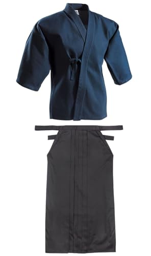 Hakama Kendo Gi Aikido Samurai Hakama Martial Arts Clothing Kimono Shirts Costumes Formal Kyudo Kimono 2pcs - color: Blue-black, size: 22