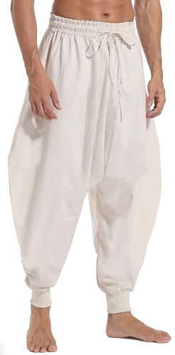 CLANMILUMS Men's Cotton Harem Pants Casual Loose Hippie Drop Crotch Trouser - color: Beige 1, size: 3X-Large