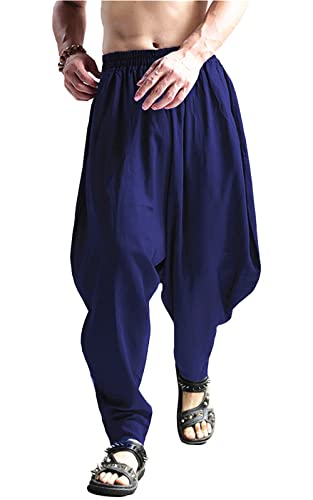 CLANMILUMS Men's Cotton Harem Pants Casual Loose Hippie Drop Crotch Trouser - color: Navy, size: 3X-Large