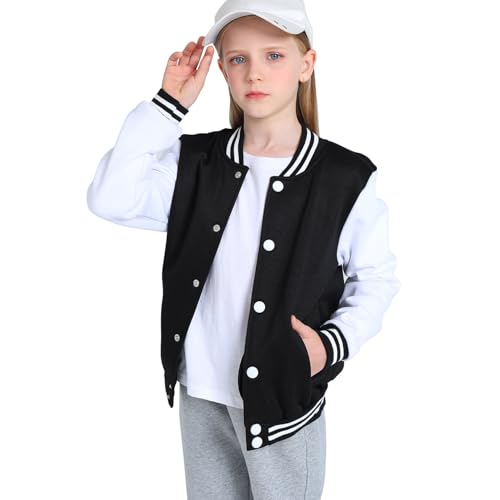 Kids Varsity Jacket Girls Boys Baseball Jacket Bomber Coat School Uniform with Pocket - color: Black, size: 14 Years