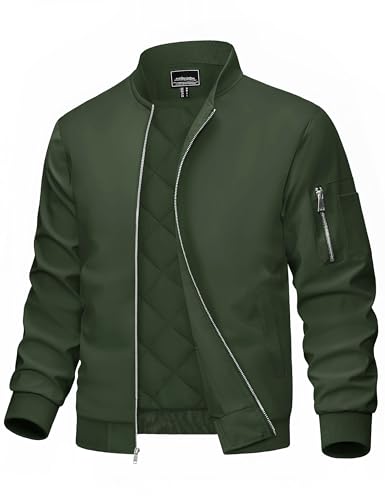MAGCOMSEN Men's Bomber Jacket Casual Windproof Quilted Jacket Full Zip Windbreaker Winter Warm Varsity Jacket with Pockets - color: Army Green, size: X-Large