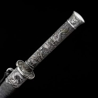 Handcrafted High Manganese Steel Katana, Unsharpened Full Tang Dragon King Sword, Red Blade, Black Handle, Martial Arts Training Display Replica