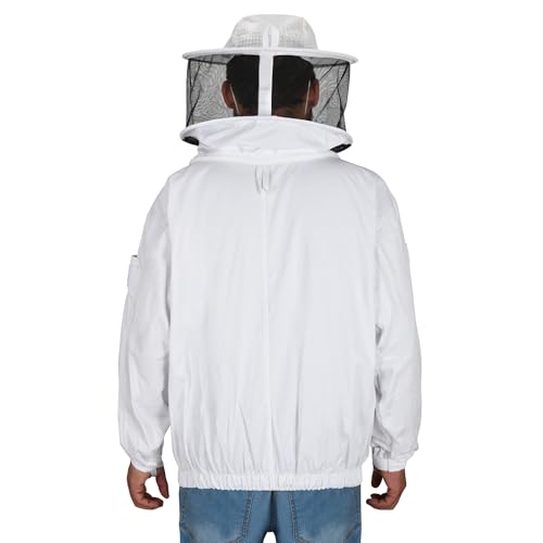 Beekeeping Jacket with Round Veil - Breathable Cotton Beekeeper Suit with YKK Zippers & Protective Hood (BP-102-White)-XL - color: White Round Veil, size: X-Large