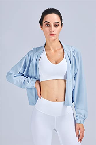 altiland Women's UPF 50+ Athletic Running Track Zip Up Cropped Jackets - color: Airy Blue, size: Small