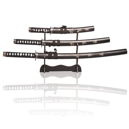 Sword Valley Authentic Hanakiri Samurai Sword 3-Piece Set with 3-Tier Display Stand - Dragon Engraved Scabbards, Stainless Steel Blades, Waxed Cotton Handle (36.8"+27.6"+18.1") - color: Black