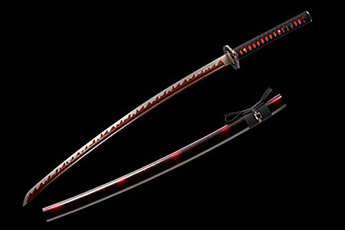 Traditional Heat/Clay Tempered Hand Forged Katana Sword | Real 1060/1095 T10 High Carbon Steel Sharp Full Tang Katanas | Practical Authentic Japanese Samurai Swords - color: Fans Red