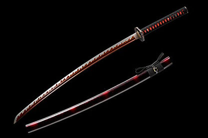 Traditional Heat/Clay Tempered Hand Forged Katana Sword | Real 1060/1095 T10 High Carbon Steel Sharp Full Tang Katanas | Practical Authentic Japanese Samurai Swords - color: Fans Red