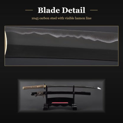 Katana Samurai Sword, 1045 Carbon Steel, Hand Forged, Full Tang - color: Tubulent Ocean Pattern Tsuba